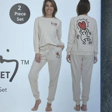 Keith Haring Women's L Lounge Set Beige Cotton Blend e0245
