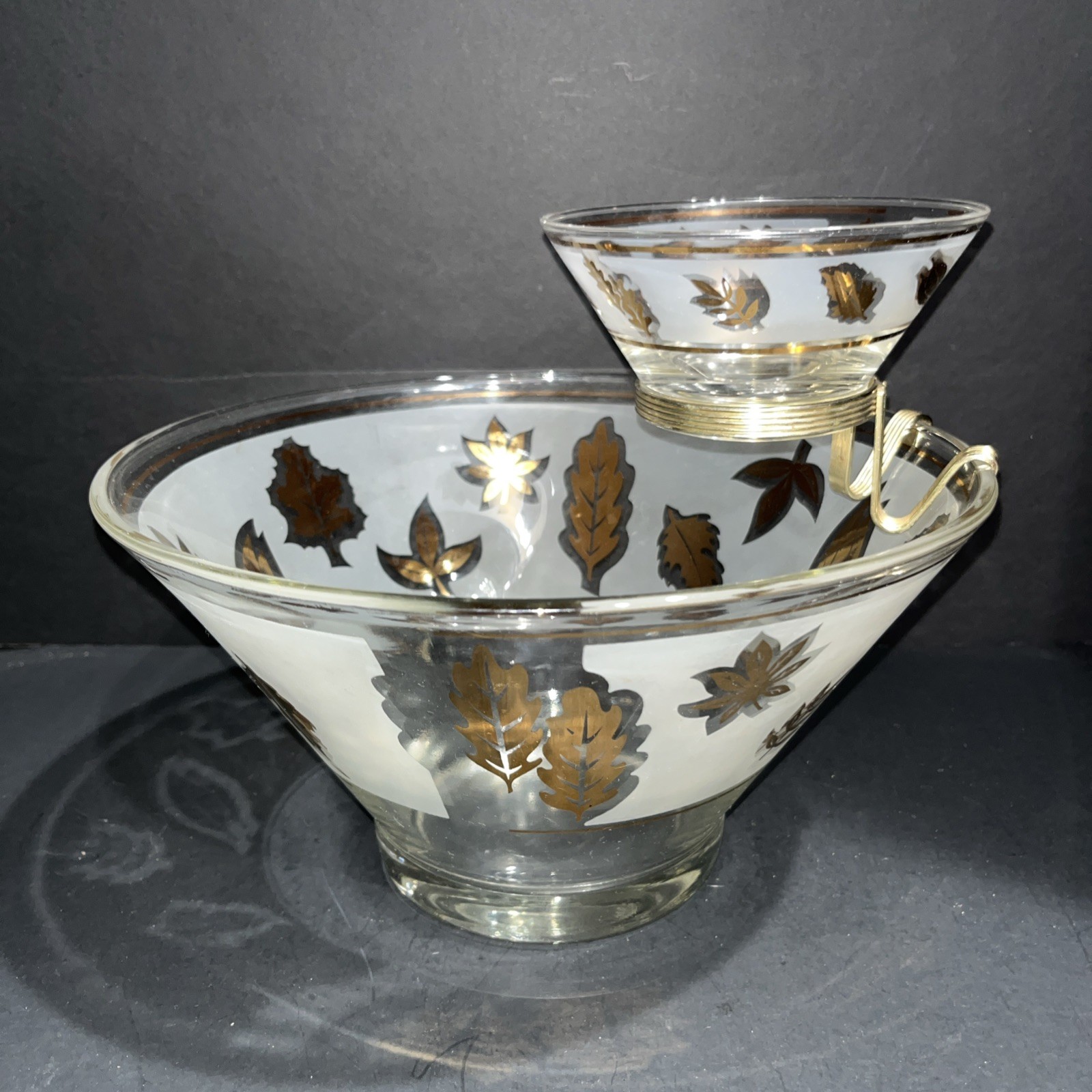 Vintage Libbey Large Salad Chip & Dip Bowl Set with Frosted Gold Rose Leaf Design  