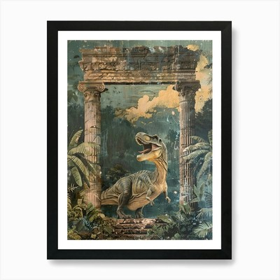 Dinosaurier von einer alten Ruine Gemälde gerahmtes Wandbild Poster Leinwanddruck Bild