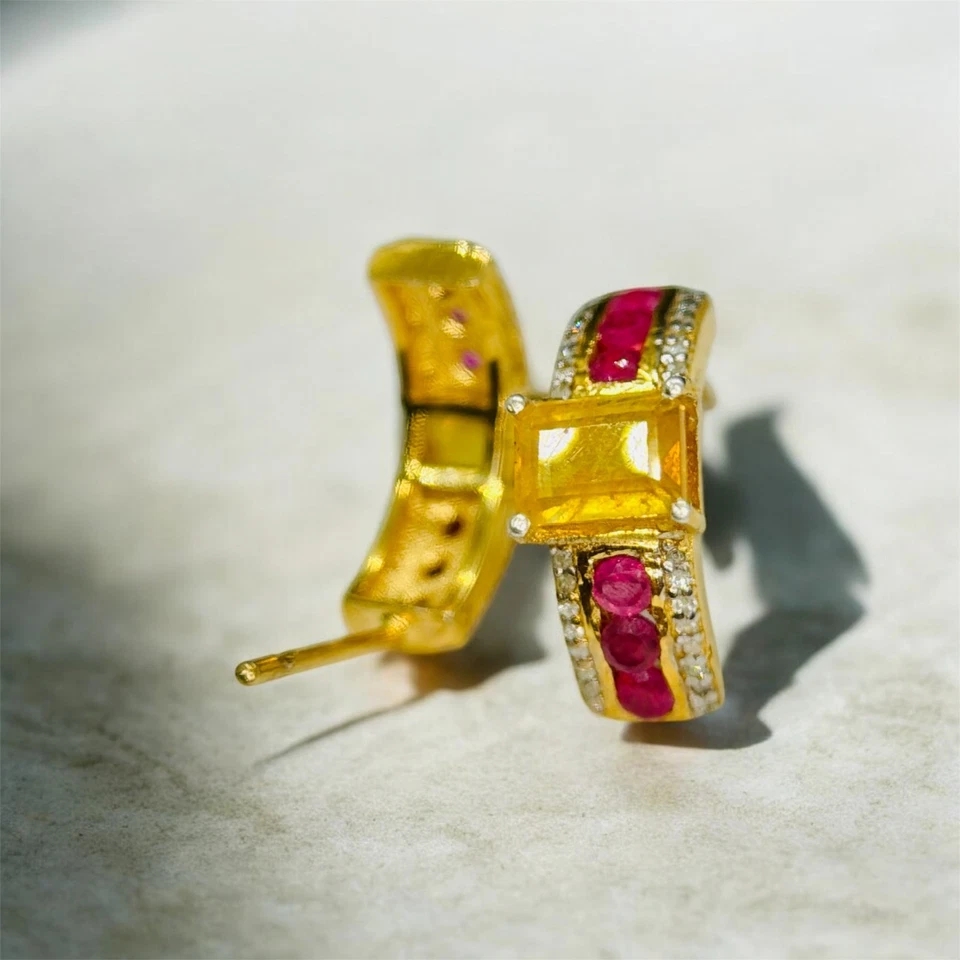 Natural Yellow Sapphire Ruby Earrings | 14K Gold Plated Vintage Style Stud - Image 3 of 4