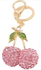 Rhinestone Cherry Keychain Pink Crystal Fruit Charm Cute Gift for Women D246