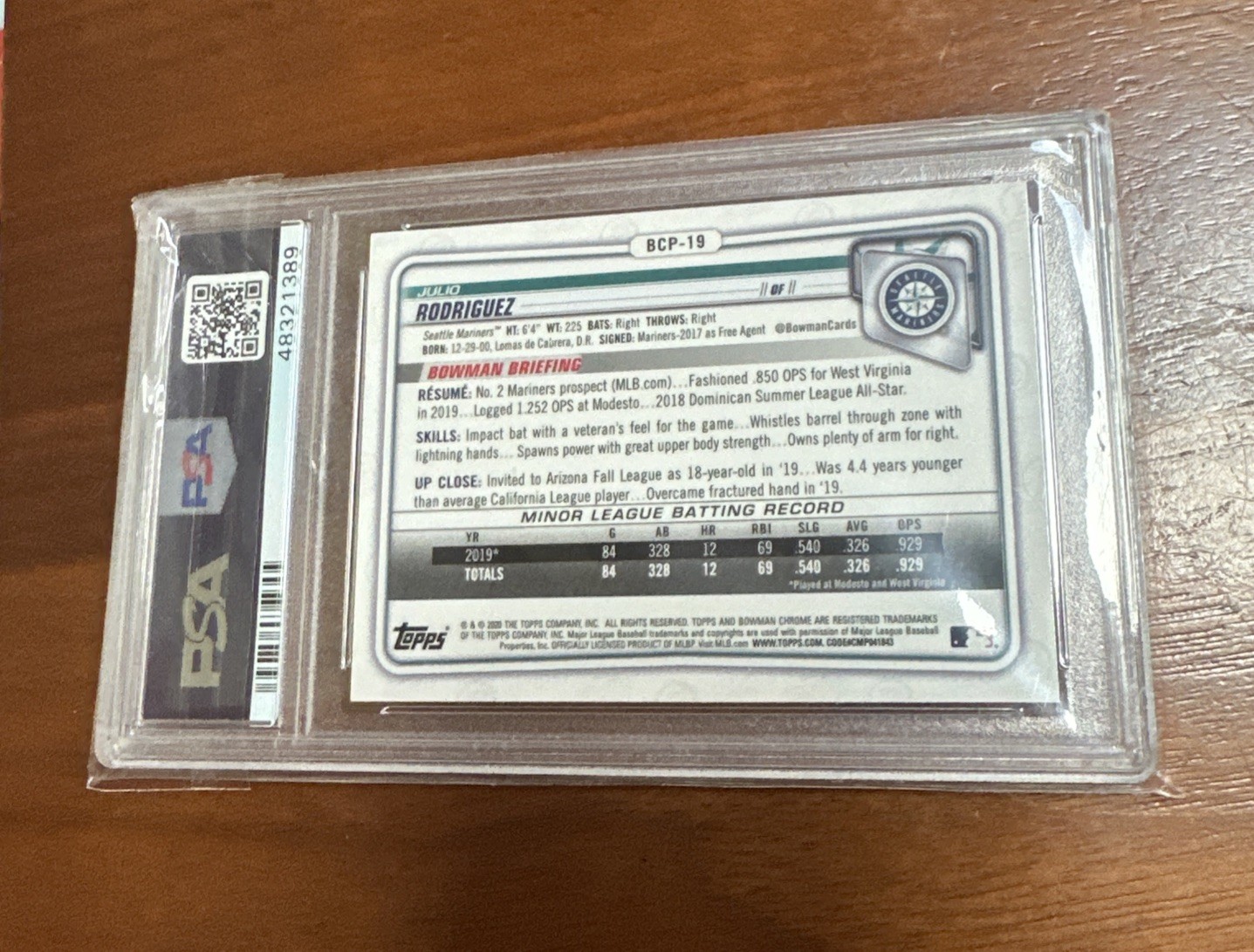 2020 Bowman Chrome Sapphire Julio Rodriguez #BCP-19 PSA 10 Mariners view 2