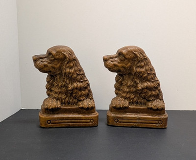 Vintage Carved Wood Cocker Spaniel Bookends Metal Base with Felt Bottom 6''