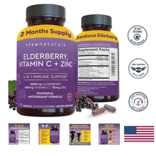 Powerful Elderberry with Vitamin C, Zinc & Ginger - 2- Supply of 120 Caps