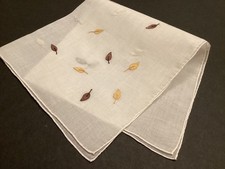 Embroidered Leaves White Linen Madeira Handkerchief Square MCM Vintage FALL