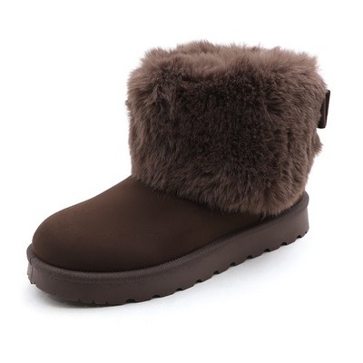Lurnyet Women's Winter Cozy Plush Ankle Boots with Faux Fur Trim Bow Detail