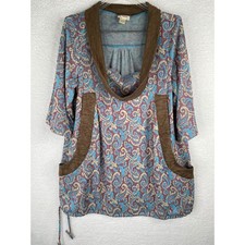 Tracy Porter Womens Paisley Cowl Neck Tunic Top Blue Brown Pockets Size 4-6