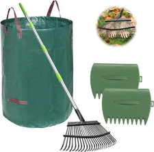 65in 25-Tine Metal Leaf Rake with 32Gal Bags 18in Wide Yard Garden