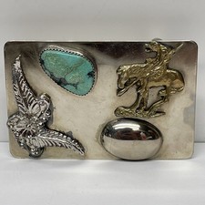 Vintage Western Belt Buckle Turquoise Stone Cowboy  Eagle Silver Mixed Metal