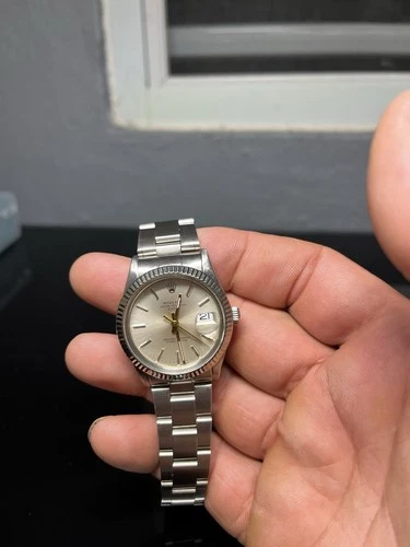 Rolex Vintage Silver Oyster Perpetual Date 34mm Ref 15000 With Tudor Omega Mov