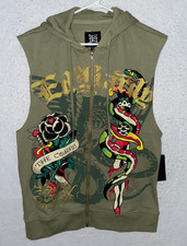 Ed Hardy Jacket Vest Mens S Olive Full Zip Sleeveless Dagger Tattoo Snake Hoodie