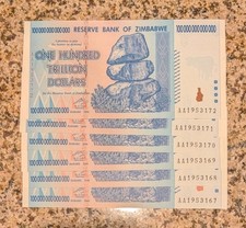 LOT OF 6 SEQUENTIAL - ZIMBABWE 100 TRILLION DOLLAR NOTES, AA/2008, UNC + BONUS!
