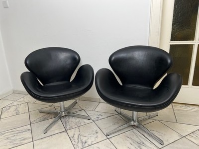 1 Ledersessel Arne Jacobsen Stil Swan Chair Lounge-Sessel Easy Chair Leder Black