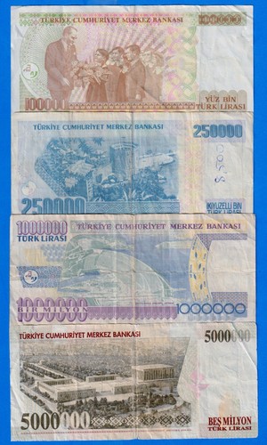 Turkey 100000, 250000, 1000000, 5000000 Lira P-206(1),211,213(2),210b(2) TK#2 - Picture 2 of 4
