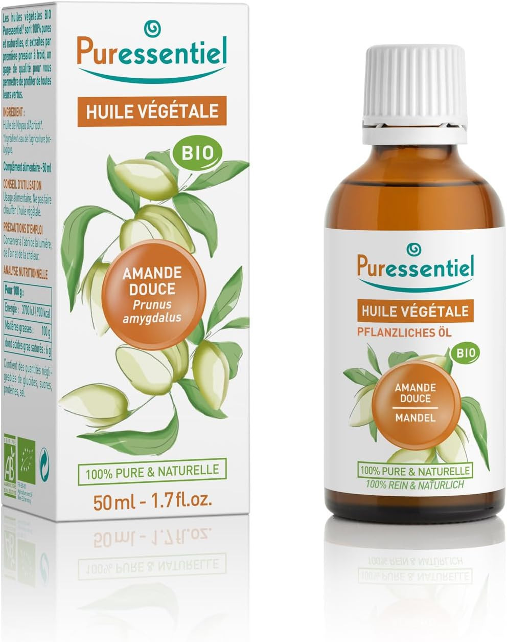 Huile d'amande douce bio 50 ml idéale pour le massage relaxant du visage après la douche