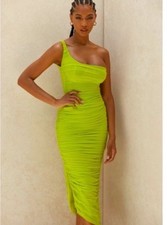 House Of CB 'Nia' Acid Green Ruched Midi Dress Small