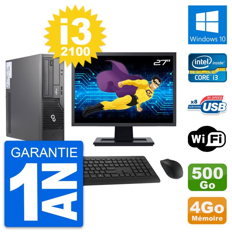 PC Fujitsu E500 DT Ecran 27" Intel i3-2100 RAM 4Go Disque 500Go Windows 10 Wifi
