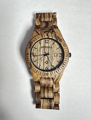 BEWELL Wood Watch Quartz Date Display Mens Wrist Watch Wooden Band New Battery