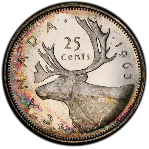 MS64 1963 25C Canada Silver Caribou 25 Cents PCGS Trueview- Rainbow Toned