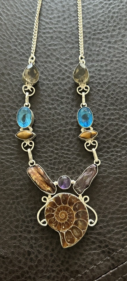 Artisan silver ammonite pearl tiger eye Chain necklace - Image 3 of 4