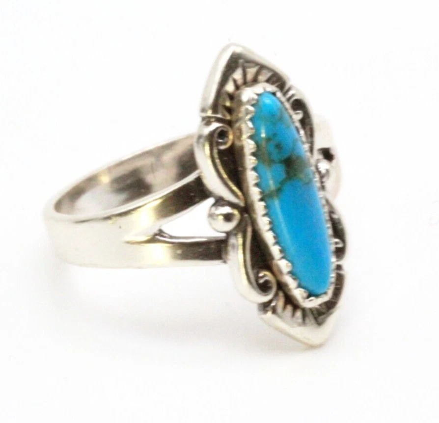 Vintage Hallmarked Navajo Sterling Silver Turquoise Elongated Ring Sz 6.5