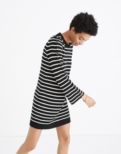 Madewell 100% Merino Wool Button Sleeve Sweater Dress Striped Black/White Small