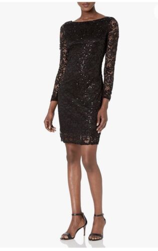 NWT Marina Sz 6 Black Mesh Lace Sequin Beaded Sheath Dress Cocktail Party - Picture 1 of 14