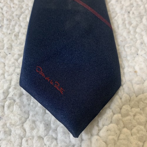Oscar de la Renta Tie Navy Diagonal Red Striped Skinny Logo Signature 58”Vintage - Picture 4 of 7