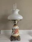 Vintage Hand Painted Milk Glass Hurricane Parlor Lamp 3-Way 20”