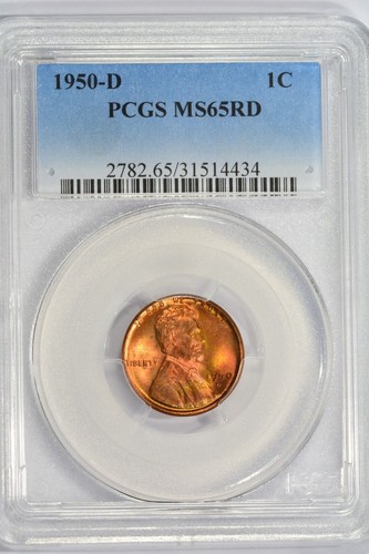 1950-D LINCOLN WEIZEN PENNY / LODERNDER GLANZ MIT EINIGEN LEICHTEN TONUNGEN / PCGS MS65RD - Bild 1 von 4