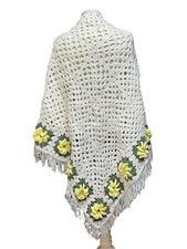 Vtg Crochet Hand Made Shawl Granny Squares Flowers White Yellow Fringed Hippy