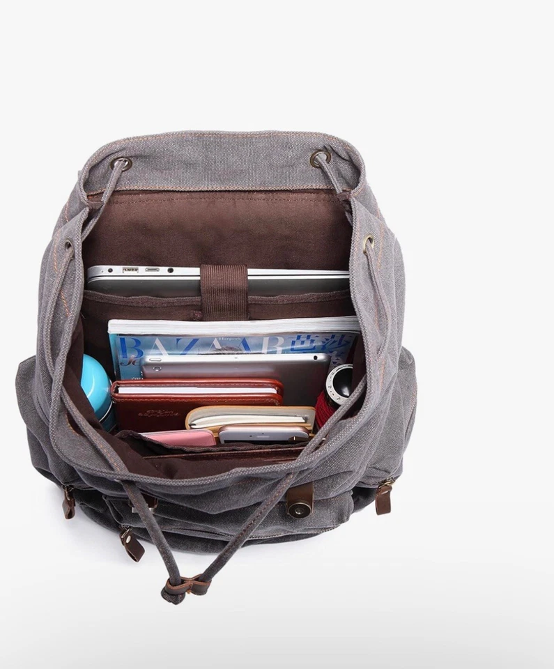 KAUKKO Mochila Hombre Bolso de Lona y Cuero Vintage Gris. NUEVO CON ETIQUETAS Foto 4 de 4