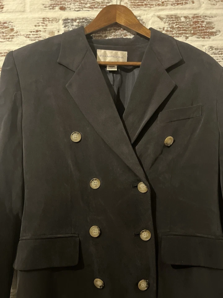Evan Picone Blazer Jacket Silk Career Office Double Breasted Classic Gray Sz 10 - Image 4 of 4
