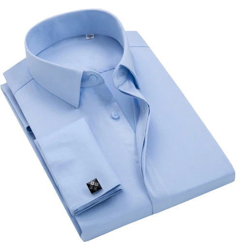 Camisas formales de oficina para hombre manga larga puño francés sin gemelos vestido boda - Imagen 3 de 29