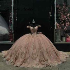 Gold Sequin Applique Quinceanera Dress Strapless Tie Sweetheart 15 16 Prom Gowns