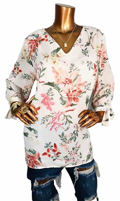Violet + Claire 1X Plus Top Floral Print Sheer Lite Wgt Low Cut Cuff Ties Blouse