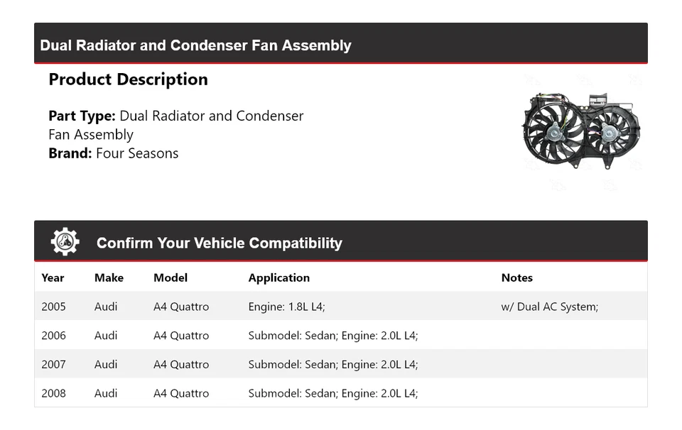 For 2005-2008 Audi A4 Quattro Dual Radiator and Condenser Fan Assembly 4 Seasons - Image 2 of 4