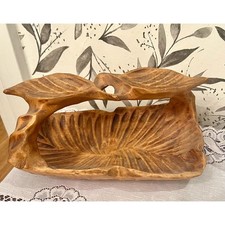 Vintage hand carved Burl wood basket with carved leaves handle