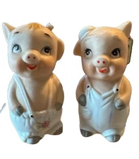 Vintage Ceramic Bisque Boy and Girl Pig Salt and Pepper Shakers Set