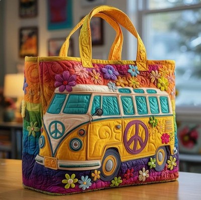 Retro Hippie Van Quilted Tote Bag Boho Travel Duffle Weekender Overnight