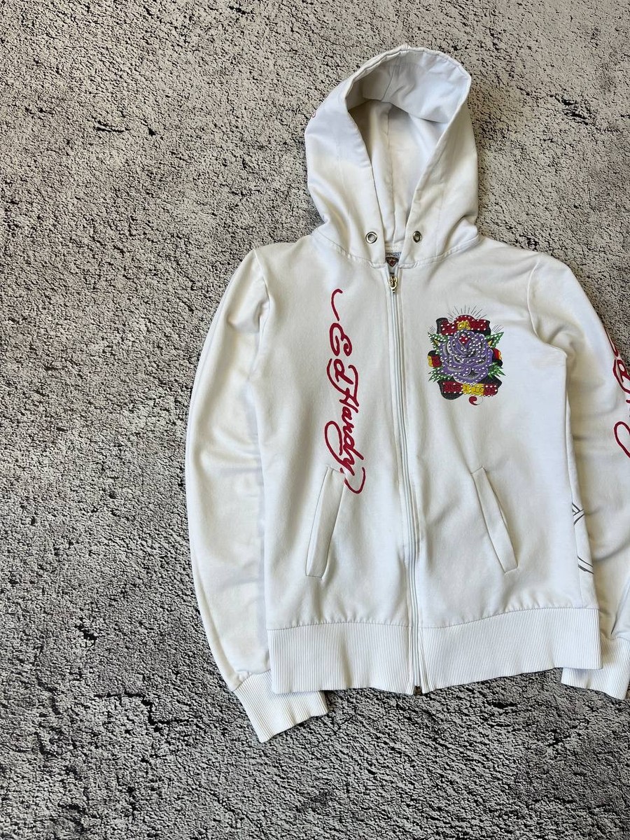 Ed Hardy Don Ed Hardy Designs Zip Hoodie Rose Skull Graphic White