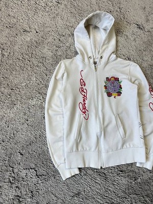 Ed Hardy Don Ed Hardy Designs Zip Hoodie Rose Skull Graphic White