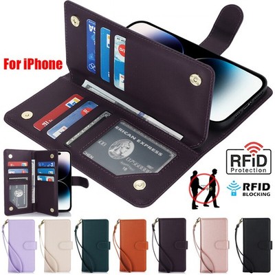 Wallet Case Fr iPhone 17 16 15 14 13 12 11 Pro Max 8 RFID Blocking Flip Cover+
