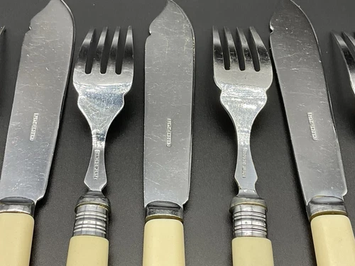Vintage 12 Piece Faux Bone Handle Fish Cutlery Set - Chrome Plated - Picture 8 of 8