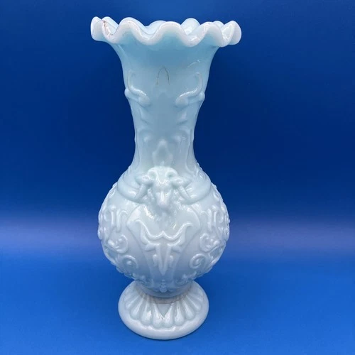 Antique Portieux Vallerysthal Blue Opaline  Glass Vase  Goat Heads France  Flaws