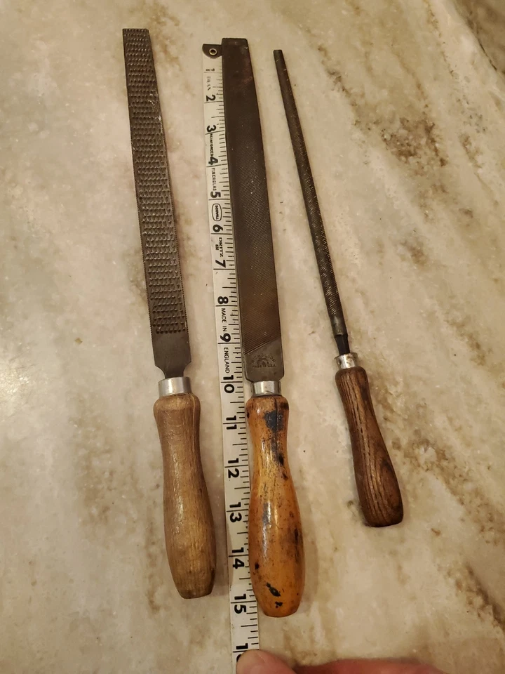 Vintage 3 Nicholson Files and Wooden Handle Made in USA Rounded Rough Look! - Image 3 of 4