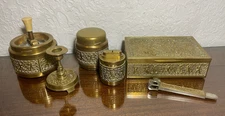 VTG Erhard & Sohne 6-piece Brass Smoking Set HumidorDispenser, Lighter, Ashtray
