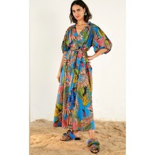 Farm Rio Blue Totally Tuiuiu Tropical Maxi Dress Cotton Tassel Belt Small