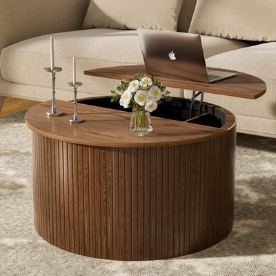 Fluted Round Lift Top Coffee Table with Storage 31.5'' Walnut Small Circle Wood