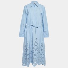 Valentino Blue Broderie Anglaise Cotton Long Sleeve Dress S